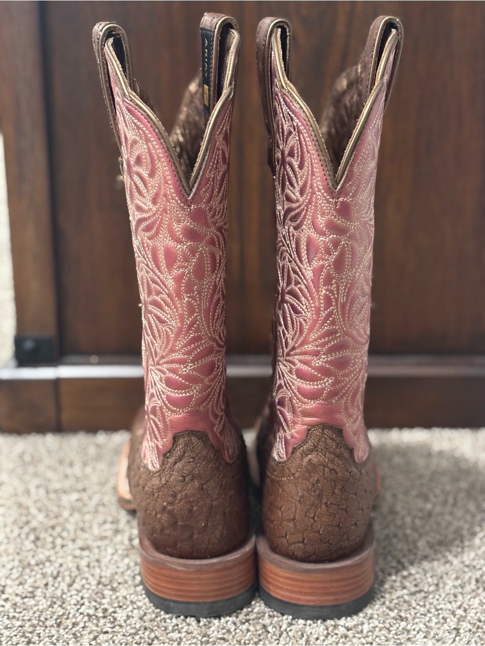 Ariat Brown Ostrich Foot Pink Embroidered Shaft Lace-Up Boots - Picture 3 of 3